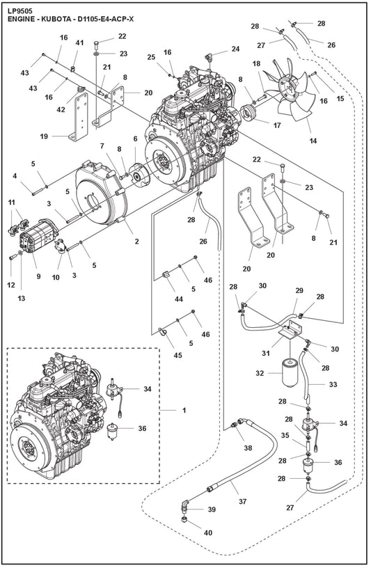 Engine- Kubota- D1105-E4-ACP-X Parts For LP 9505 Trench Roller By Husqvarna