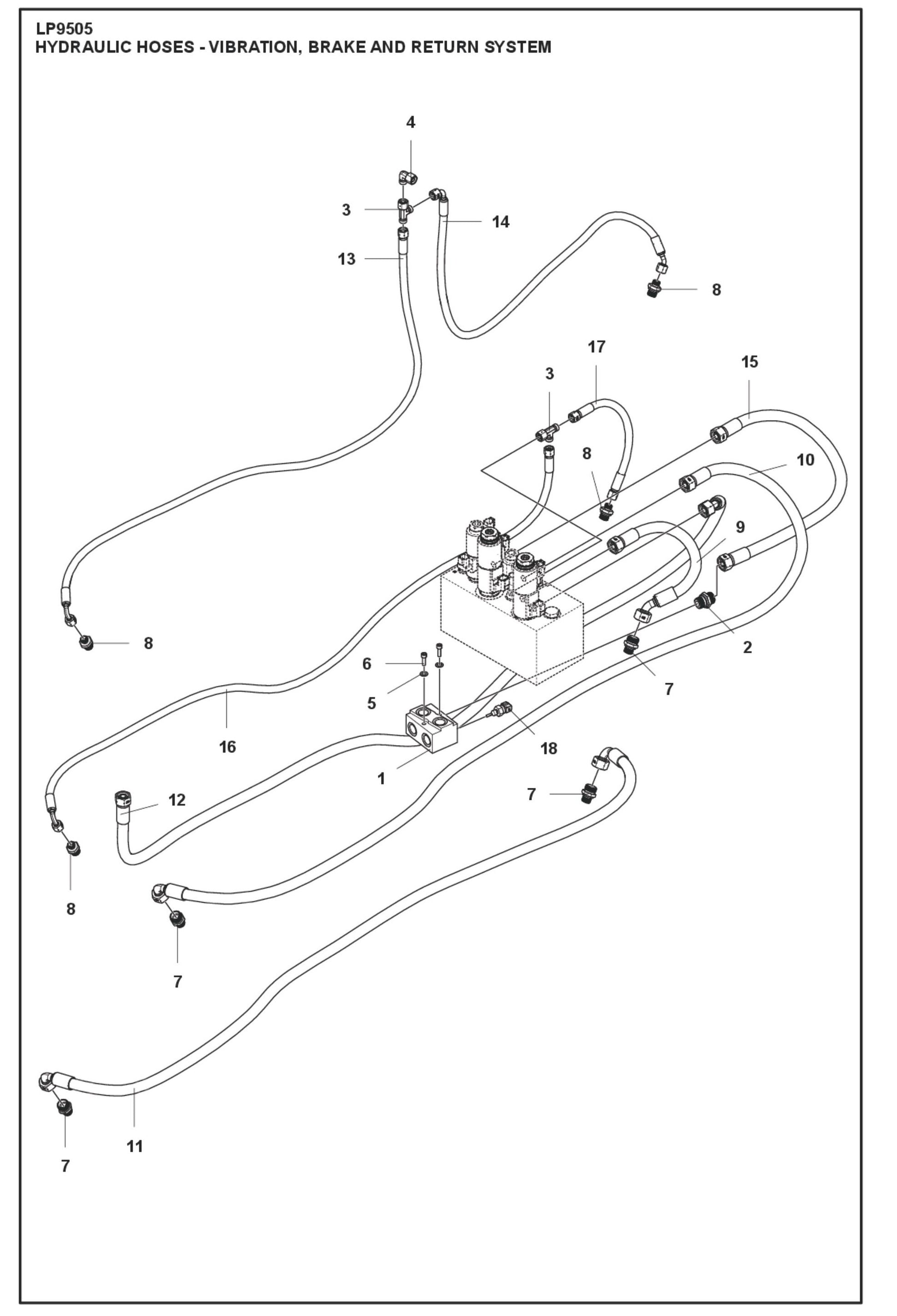 Hydraulic Hoses- Vibration, Brake And Return System Parts For LP9505 Trench Roller By Husqvarna