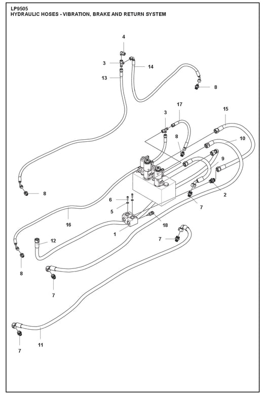 Hydraulic Hoses- Vibration, Brake And Return System Parts For LP9505 Trench Roller By Husqvarna