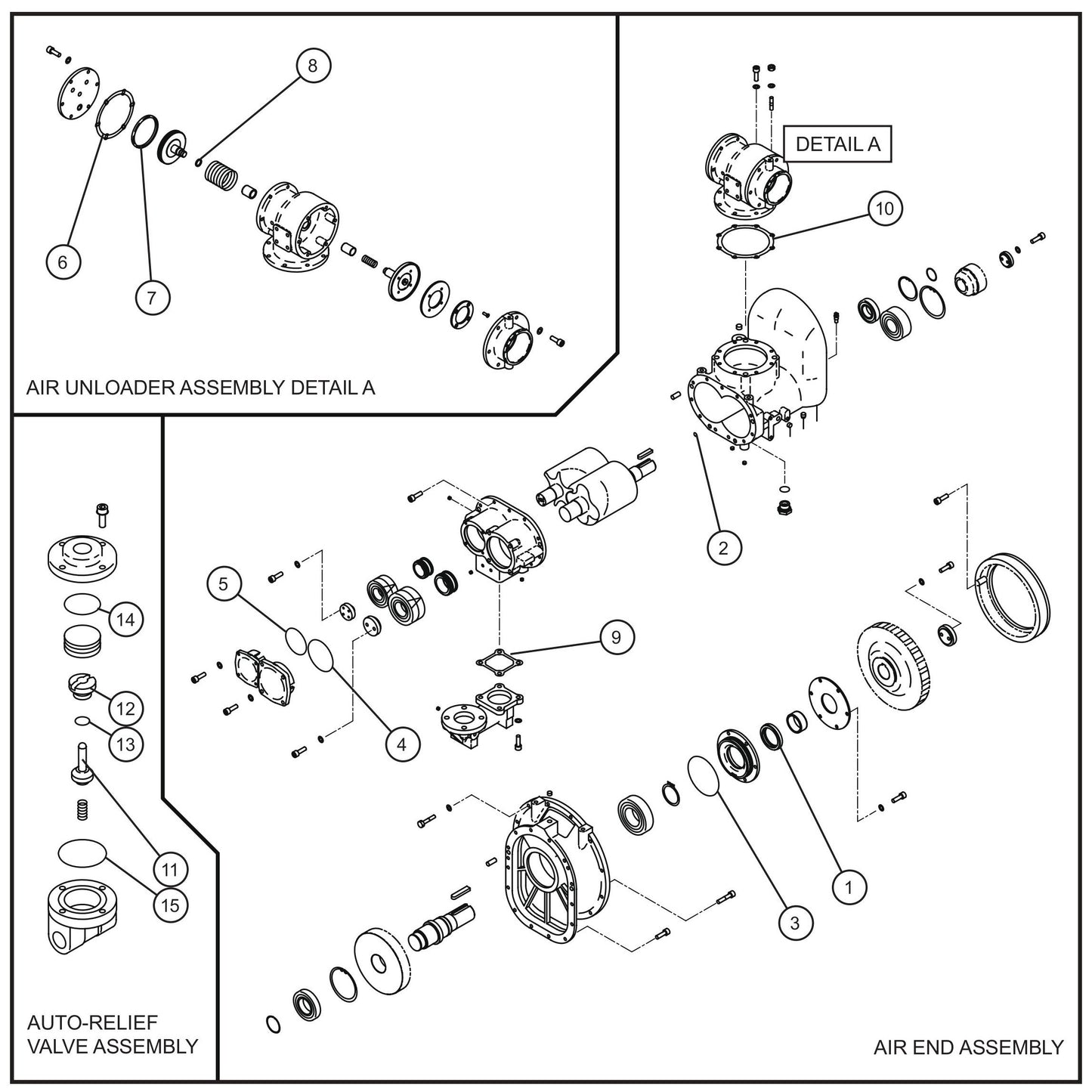Air End and Auto-Relief Valve Assembly Groups Parts for MAXI-AIR 400 T4F (20-000001 and UP) by Allmand