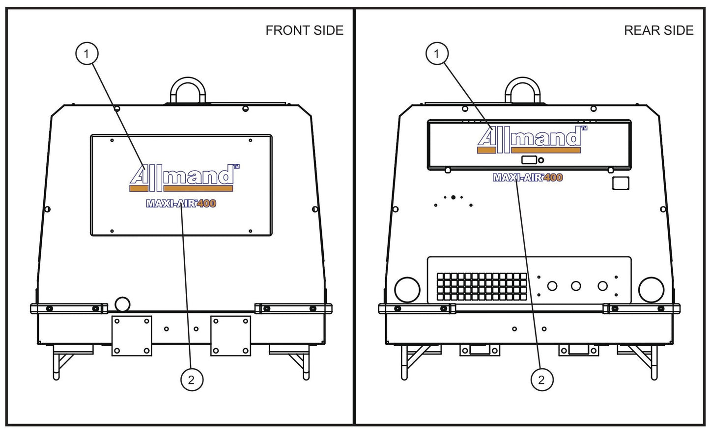 Front and Rear Side Decals Assembly Parts for MAXI-AIR 400 T4F (20-000001 and UP) by Allmand