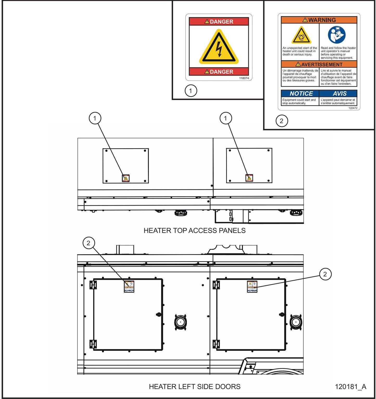 Heater Door and Access Panel English/French Decals Assembly Parts for Maxi-Heat 1MBTU (36-000001 to 36-999999) by Allmand