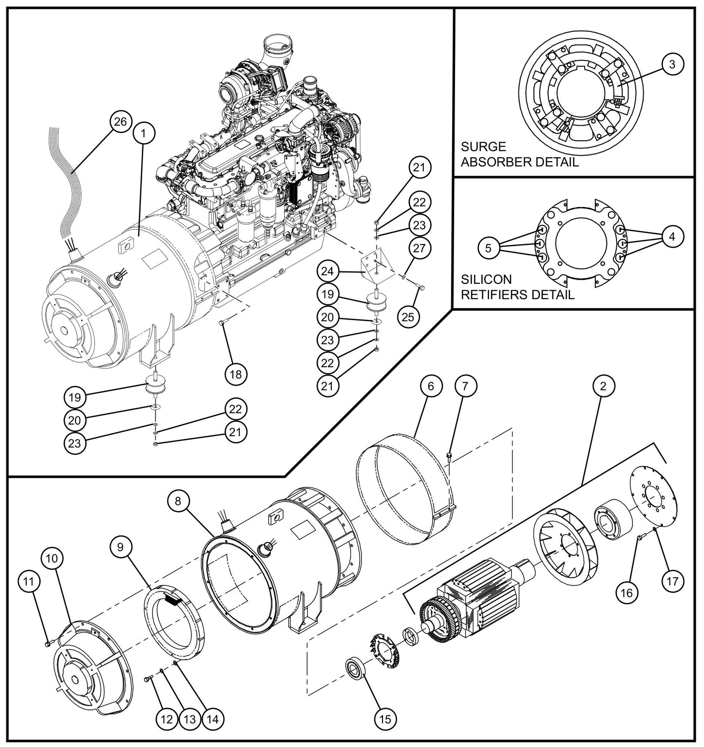 Engine Mounting and Generator Assembly Group Parts for MAXI-POWER 150 (T4F) by Allmand