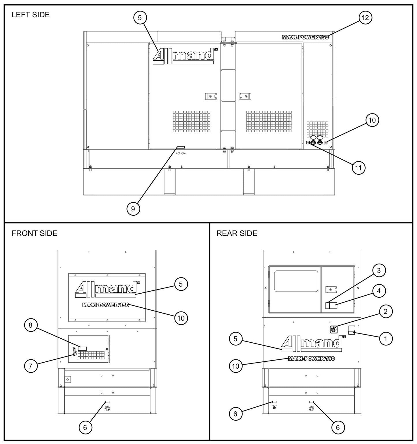 Front,Left and Rear Side Enclosure Decals Assembly Parts for MAXI-POWER 150 (T4F) by Allmand