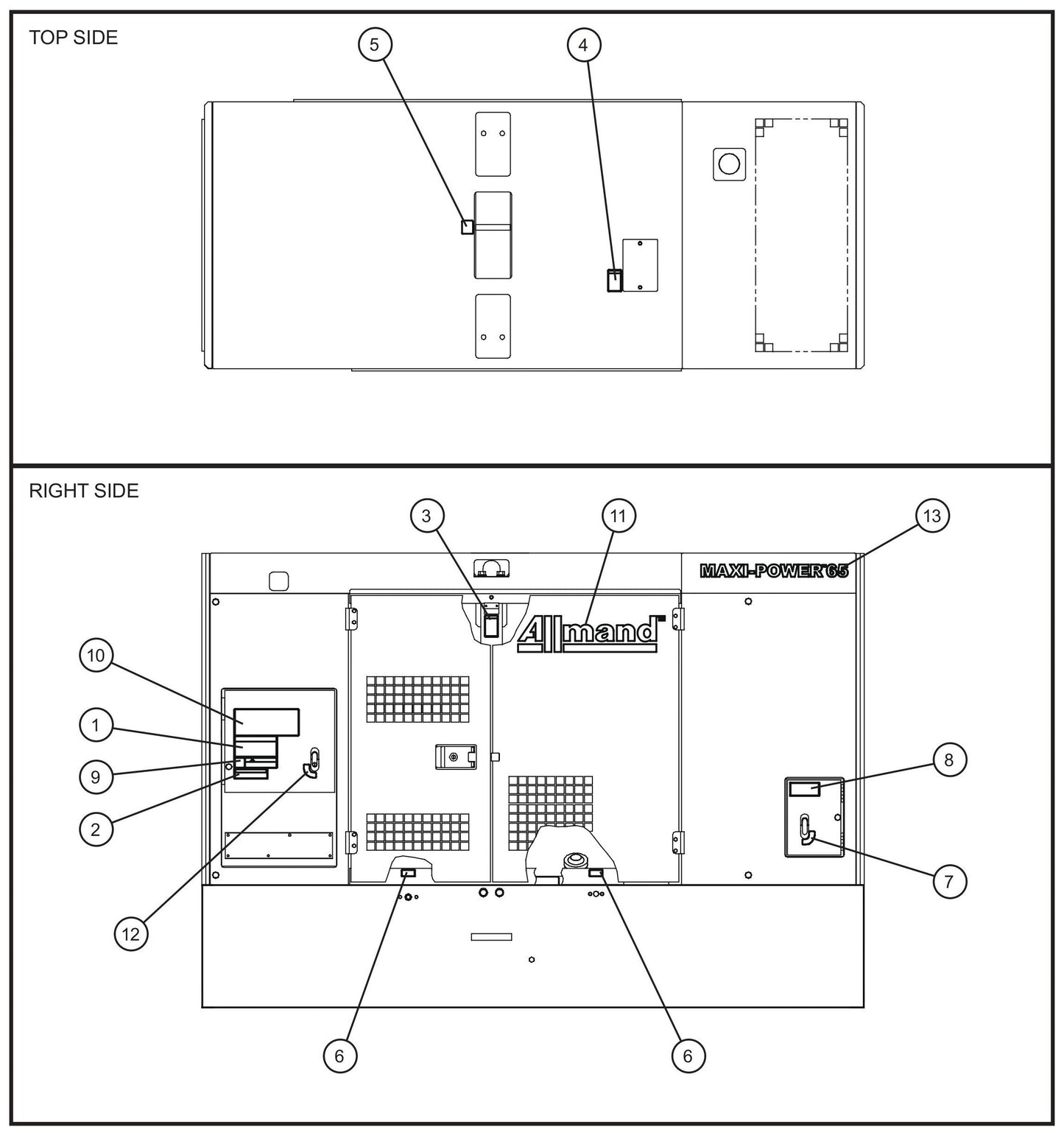 Right and Top Side Enclosure Decals Assembly Parts for MAXI-POWER 65 (T4F) (24-000500 and UP) by Allmand