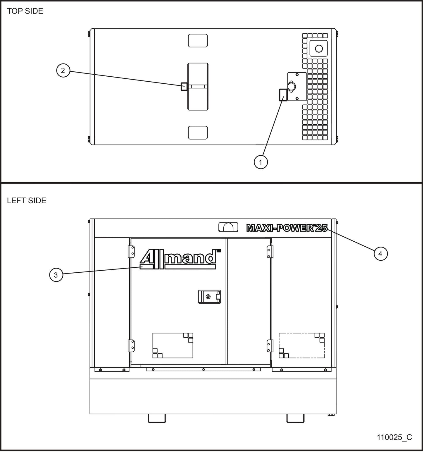 Left and Top Side Enclosure Decals Assembly Parts for MAXI-POWER 25 (MP25) (T4F DSE CONTROLLER), (21-000001 and UP) by Allmand