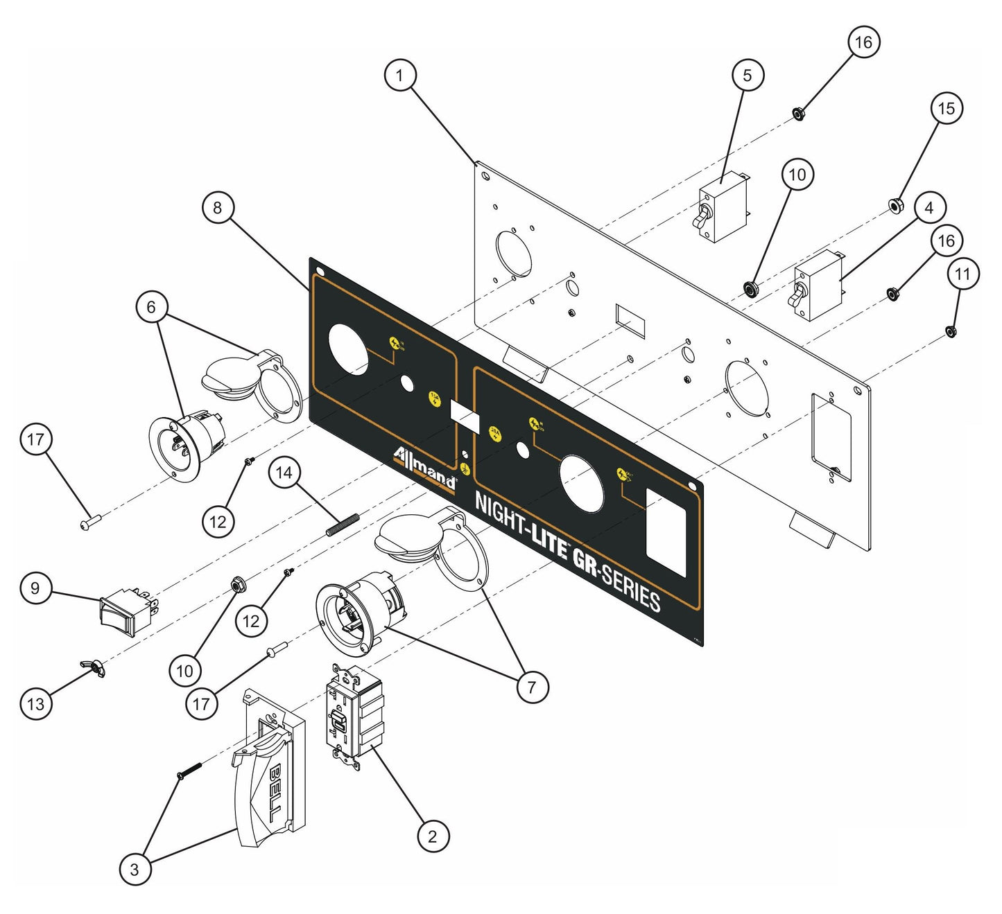 Control Box Lower 60Hz (Journey Pro) Outlet Panel Assembly Parts for GR Series Night-Lite Chain (SN 26-000001 to 26-999999) by Allmand