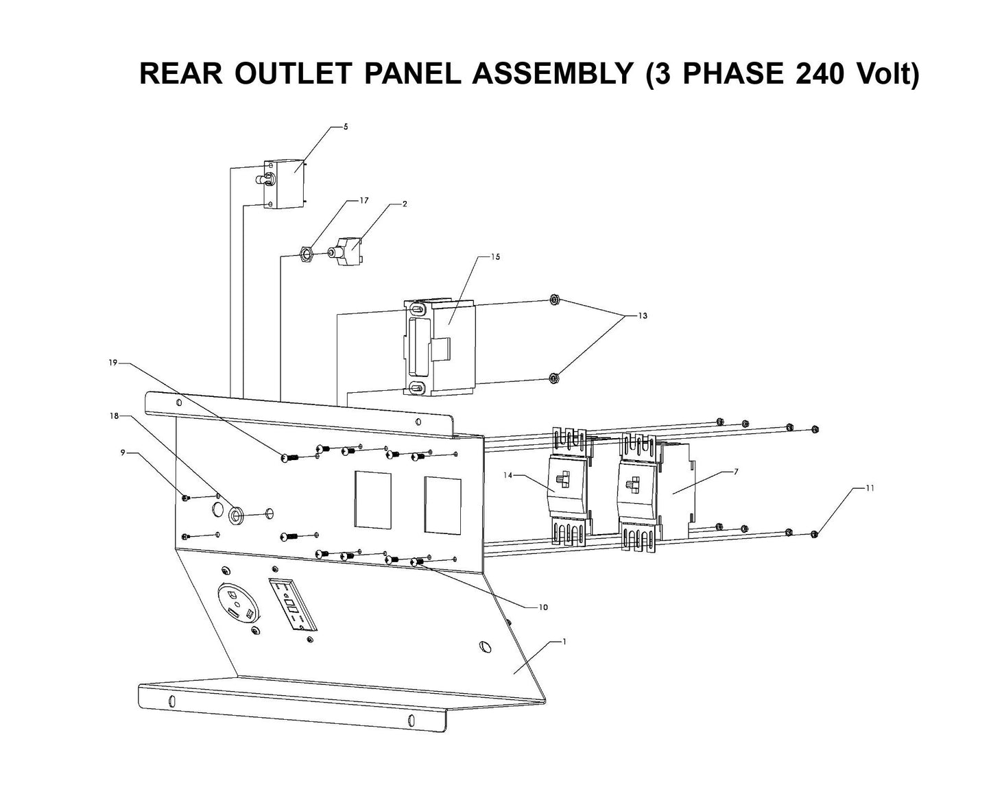 V-Series Maxi-Lite 15-20KW-Rear Outlet Panel Assembly 3 Phase 240 Volt (Fig 1) Parts By Allmand