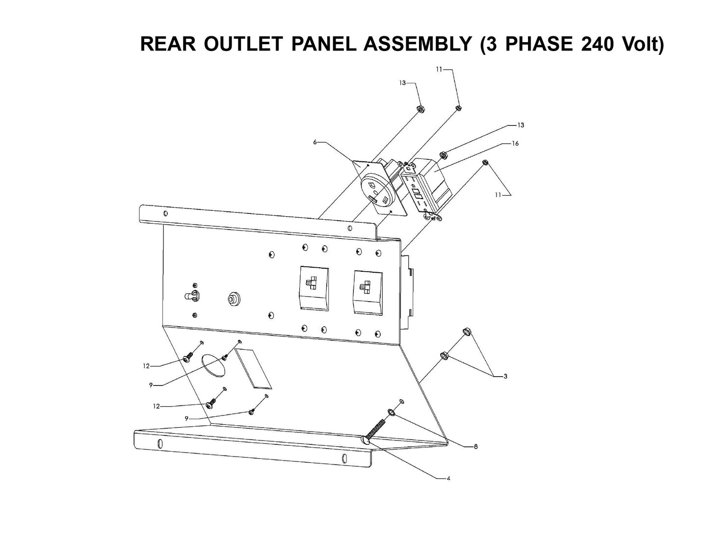 V-Series Maxi-Lite 15-20KW-Rear Outlet Panel Assembly 3 Phase 240 Volt (Fig 2) Parts By Allmand