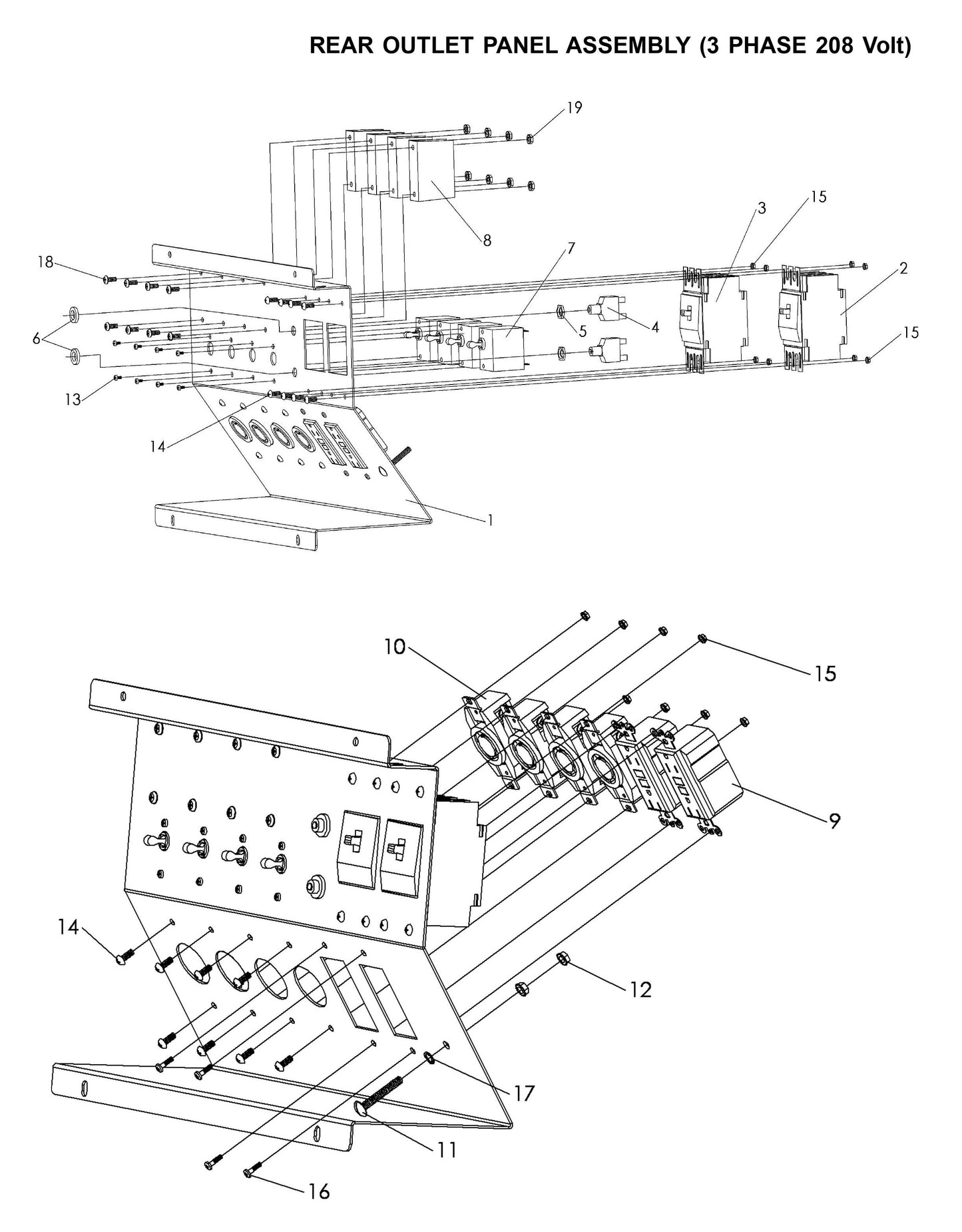 V-Series Maxi-Lite 15-20KW-Rear Outlet Panel Assembly (3 Phase 208 Volt) Parts By Allmand