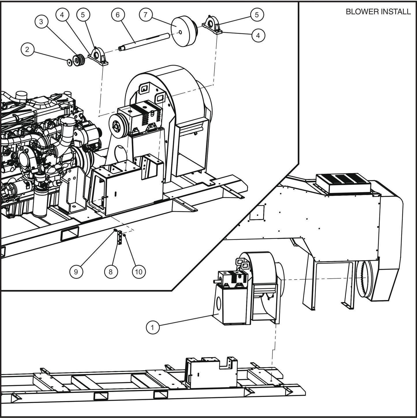 Blower Fan, Shaft, and Pulley Group (1 of 2) Assembly Parts for SH-750 (17-000001 and UP) by Allmand