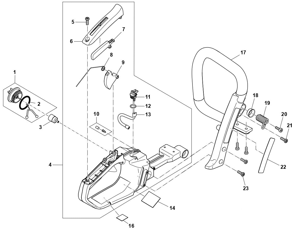 Tank, Handle Assembly Parts For EA3200SRBB, EA3201SRBB, EA3201S35B Gas Chain Saw Parts by Makita
