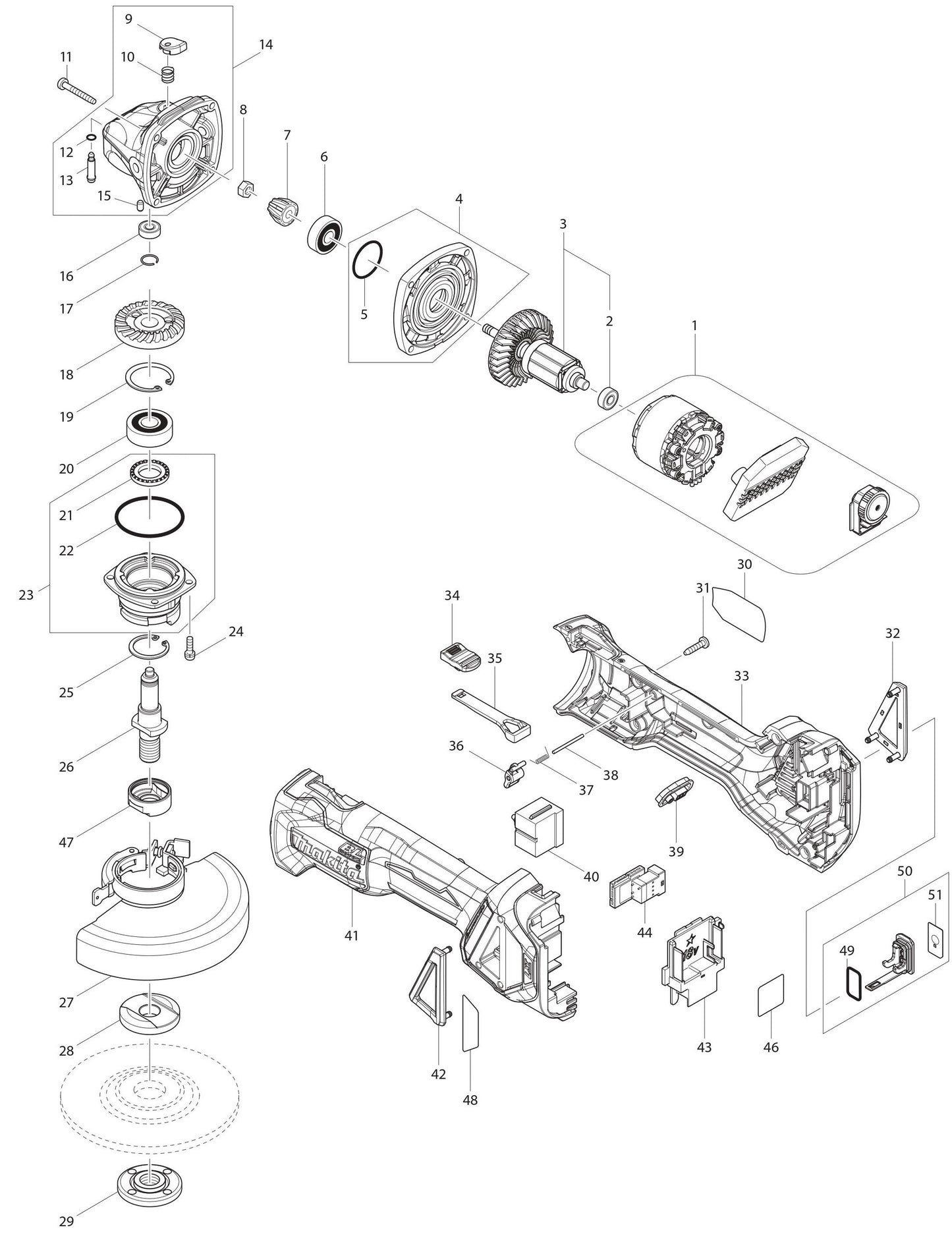 XAG17ZU Angle Grinder Assembly Parts By Makita