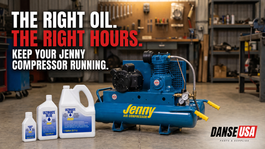 Jenny wheelbarrow air compressor with Jenny Ultimate Blue synthetic oil bottles 105-1208, 105-1209, and 105-1210 on a workshop floor 