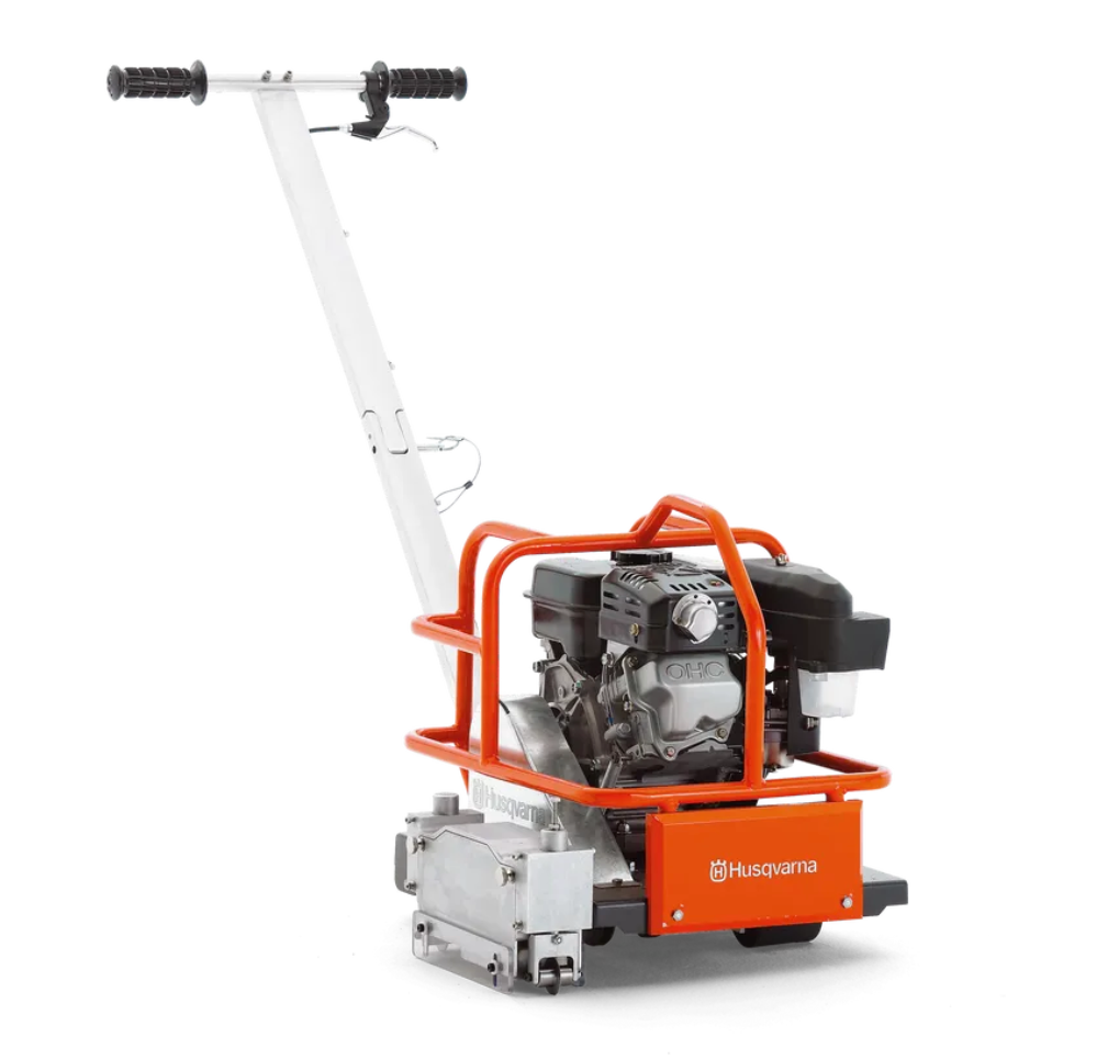 Husqvarna Soff-Cut 150 D early-entry walk-behind concrete saw (X150D) for soft-cut decorative scoring in green concrete, 6-inch blade.