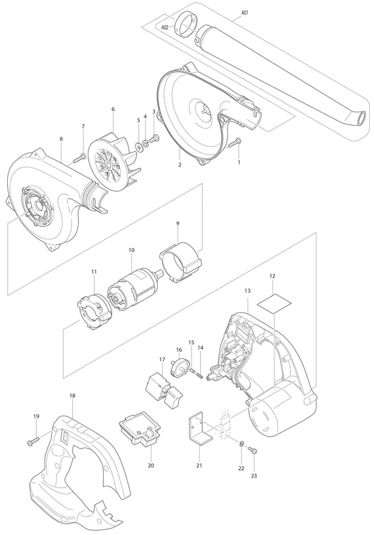 DUB183Z Blower Assembly parts By Makita