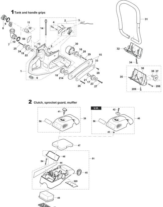 Tank and handle grips, Clutch, sprocket guard, muffler Assembly parts For DPC7331 Cutter  By Makita