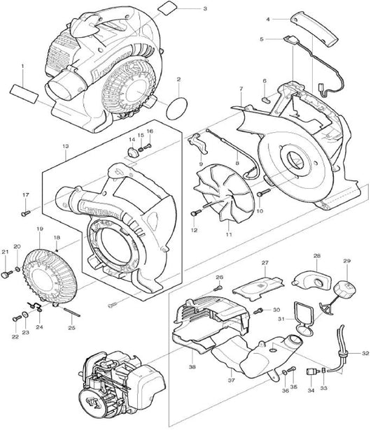 Volute Case, Fan Cover, Fuel Tank Assembly Parts For BHX2500 Blower By Makita