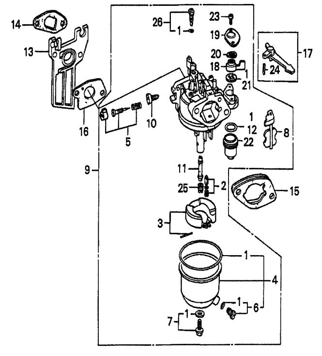Honda GX160K1QXC9  — Carburetor Assembly Parts- MP115E, MP120E, MP1H 1.5 HP 1Ø ELECTRIC MOTOR, 2.0 HP 1Ø ELECTRIC MOTOR, 4.8 HP HONDA GASOLINE ENGINE
