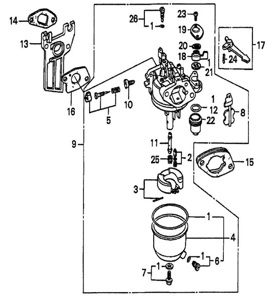 Honda GX160K1QXC9  — Carburetor Assembly Parts- MP115E, MP120E, MP1H 1.5 HP 1Ø ELECTRIC MOTOR, 2.0 HP 1Ø ELECTRIC MOTOR, 4.8 HP HONDA GASOLINE ENGINE