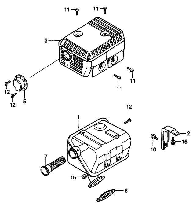 Honda GX160K1QXC9 — Muffler Assembly Parts- MP115E, MP120E, MP1H 1.5 HP 1Ø ELECTRIC MOTOR, 2.0 HP 1Ø ELECTRIC MOTOR, 4.8 HP HONDA GASOLINE ENGINE