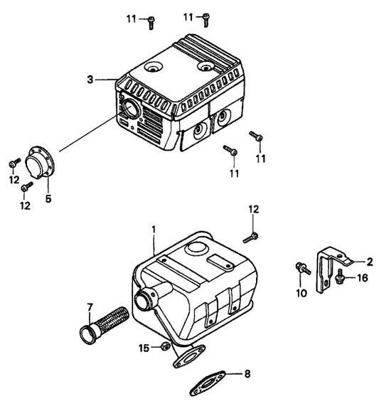 Honda GX160K1QXC9 — Muffler Assembly Parts- MP115E, MP120E, MP1H 1.5 HP 1Ø ELECTRIC MOTOR, 2.0 HP 1Ø ELECTRIC MOTOR, 4.8 HP HONDA GASOLINE ENGINE