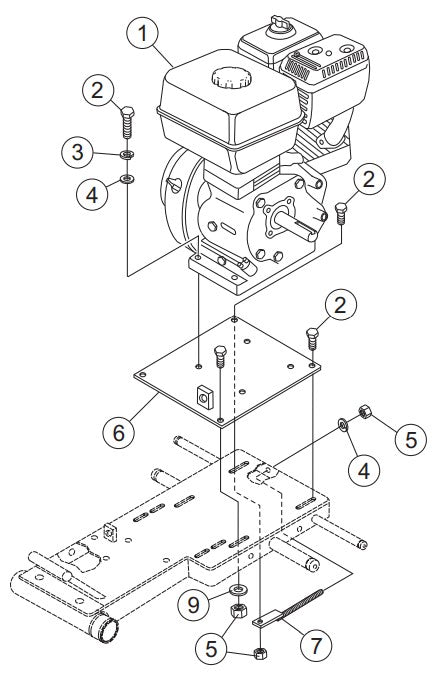 Gasoline Engine Mount Assembly Parts-MP25E1, MP25E3, MP2H 5 HP 1Ø ELECTRIC MOTOR, 5 HP 3Ø ELECTRIC MOTOR, 8.5 HP HONDA GASOLINE ENGINE
