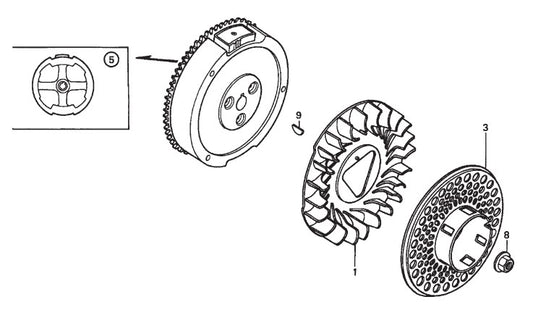GX270QWH2 ENGINE —Flywheel Assembly Parts-MP25E1, MP25E3, MP2H 5 HP 1Ø ELECTRIC MOTOR, 5 HP 3Ø ELECTRIC MOTOR, 8.5 HP HONDA GASOLINE ENGINE