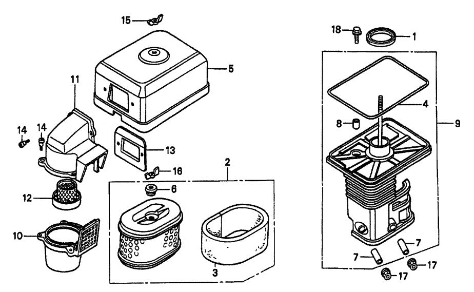Honda GX160K1QXC9 — Air Cleaner Assembly Parts- MP115E, MP120E, MP1H 1.5 HP 1Ø ELECTRIC MOTOR, 2.0 HP 1Ø ELECTRIC MOTOR, 4.8 HP HONDA GASOLINE ENGINE