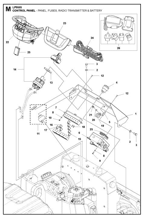 Control Panel-Panel, Fuses, Radio Transmitter And Battery Assembly Parts For LP 9505 Trench Roller By Husqvarna