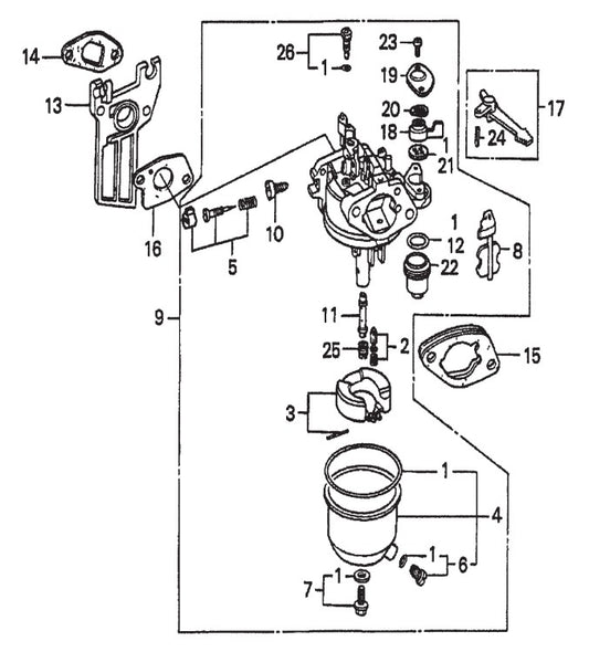 Honda GX160K1QXC9  — Carburetor Assembly Parts- MP1455H (5.5 HP GASOLINE), MP1415E (1.5 HP ELECTRIC), MP1420E (2.0 HP ELECTRIC) MP1 SERIES