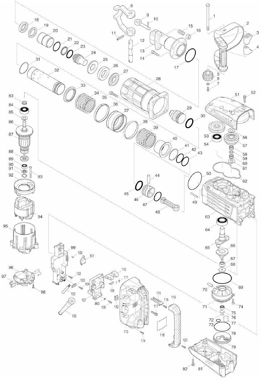 HM1317CB Demolition Hammer Assembly Parts By Makita