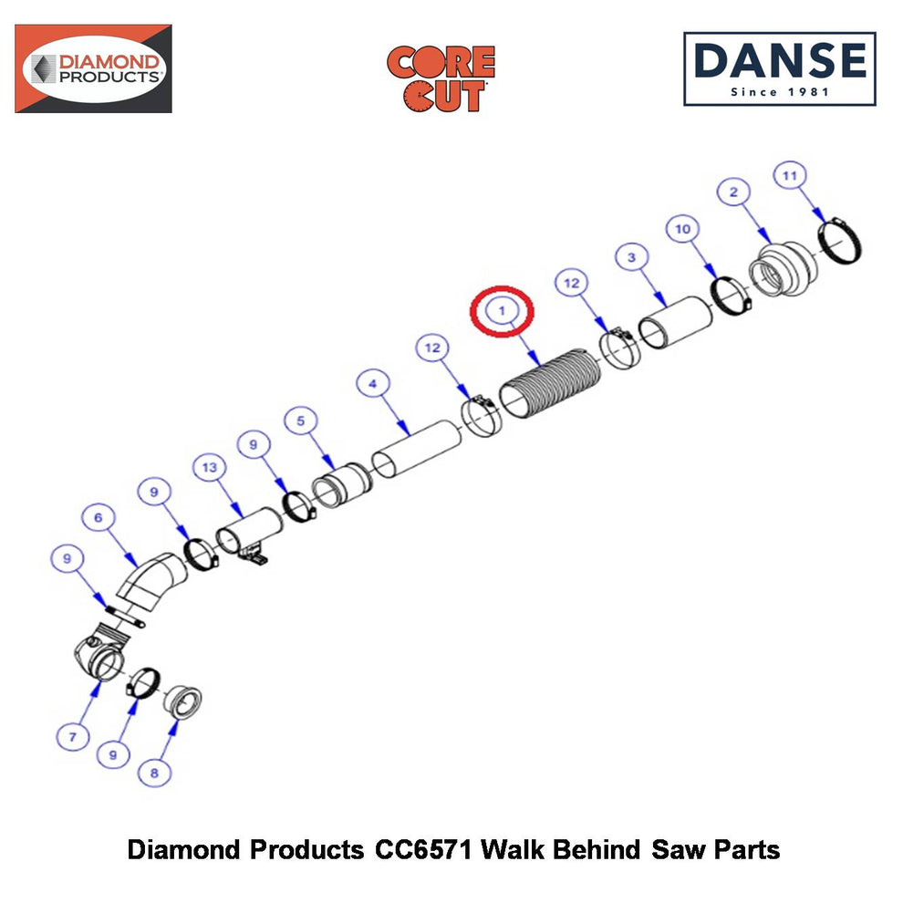 Air Cleaner Hose 3"IDX9" Flexible Black &amp; Grey 6019248 Fits Core Cut CC6571 Walk Behind Saw By Diamond Products