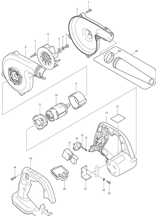 DUB182Z Blower Assembly parts by Makita
