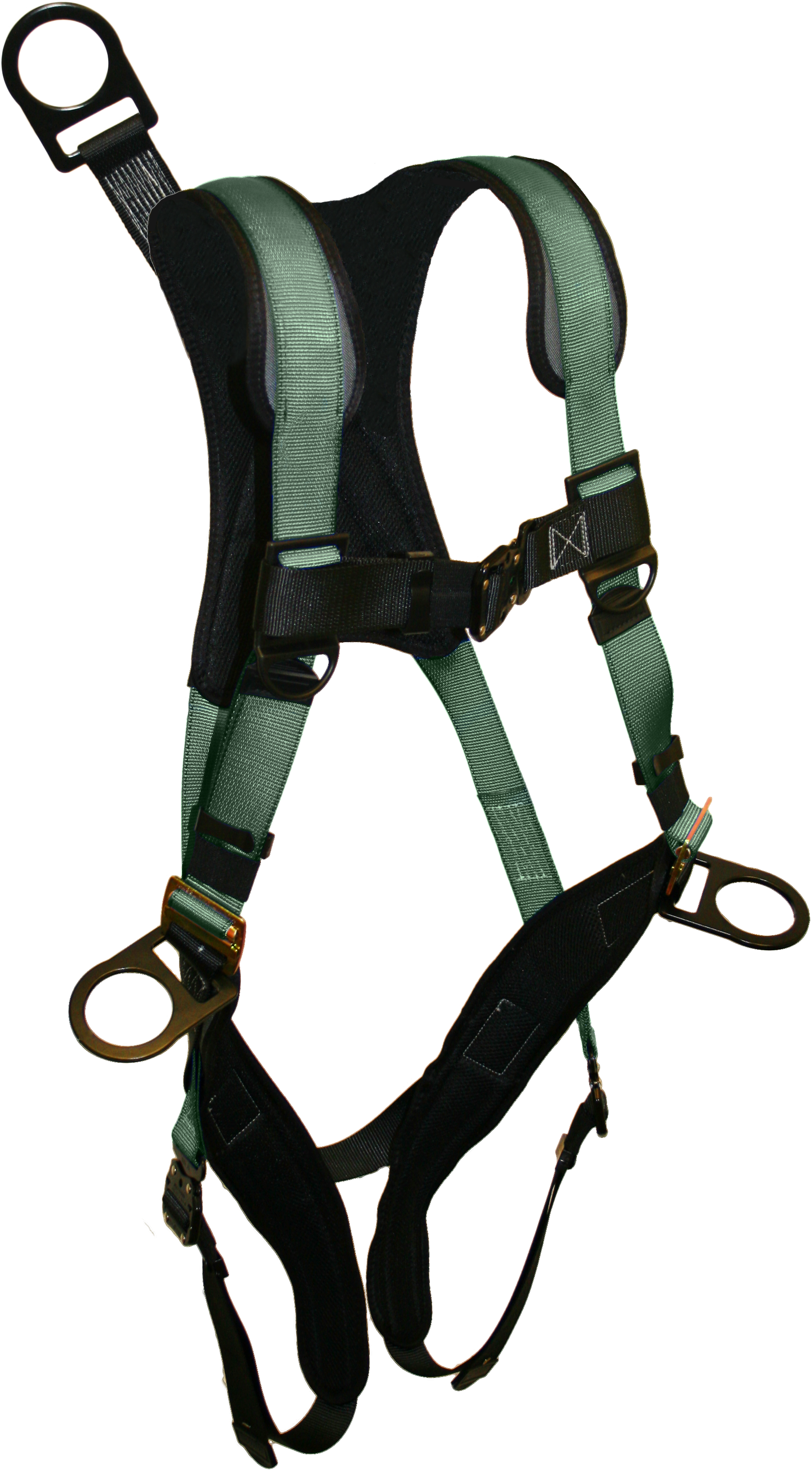226709B Full body harness, comfort back/shoulder pad, leg pads, single dorsal d-ring, hip d-rings, 12&quot; dee ring extension, bayonet buckle legs by FrenchCreek Production Green