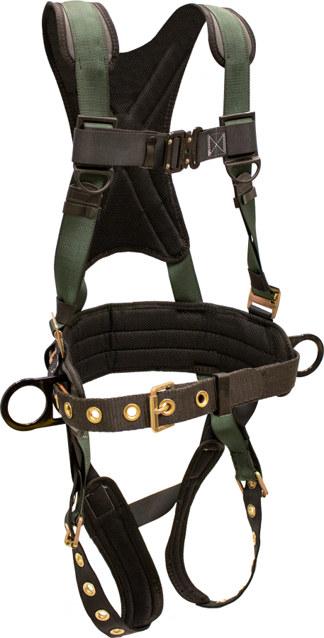 22850B-HD Stratos harness, removable tool belt, hip D-rings, tongue buckle legs by FrenchCreek Production Green