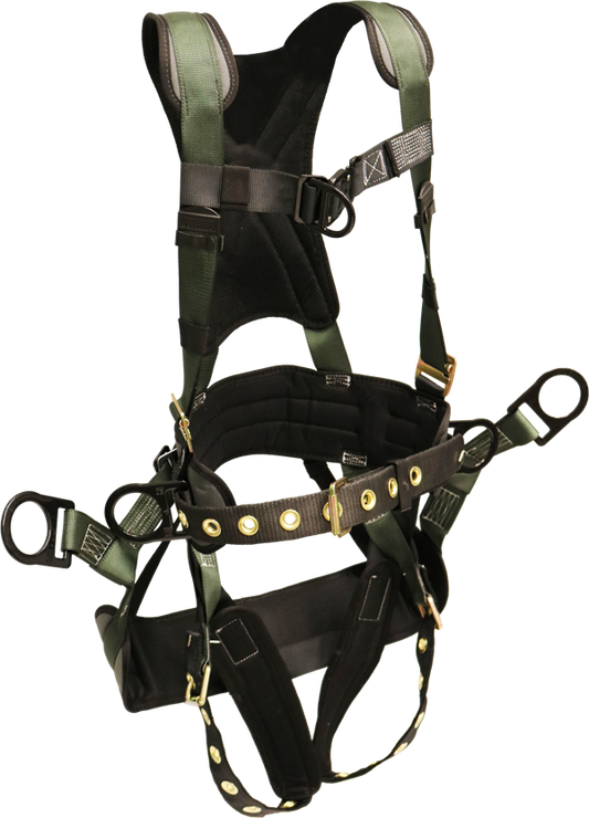 22850BH-ALT Full body harness, removable tool belt, pads on shoulders, back, waist and legs, Tongue Buckle legs, removable rigid saddle by FrenchCreek Production Green
