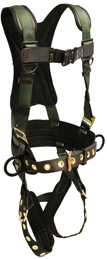 22850B Full Body Harness, single back dorsal d-ring, hip d-rings, waist pad w/removable tool belt, shoulder/back pad, leg pads, tongue buckle legs by FrenchCreek Production Green