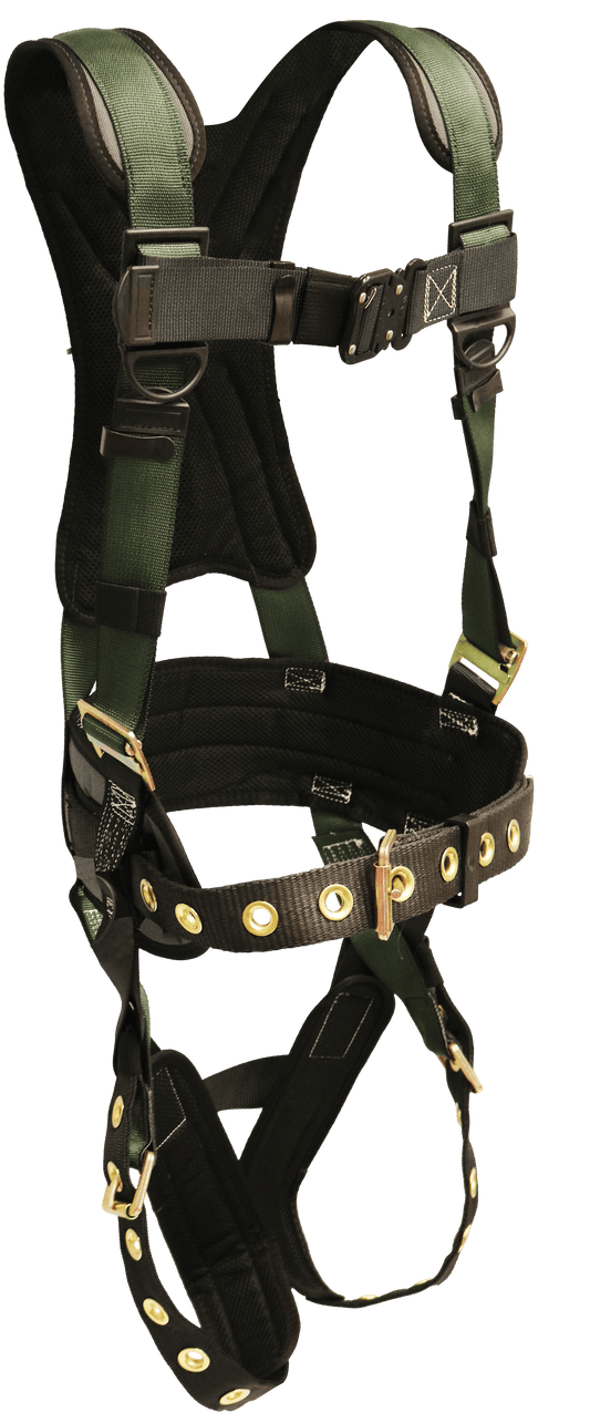 22850 Full Body Harness, single back dorsal d-ring, waist pad w/removable tool belt, shoulder/back pad, leg pads, tongue buckle legs by FrenchCreek Production Green