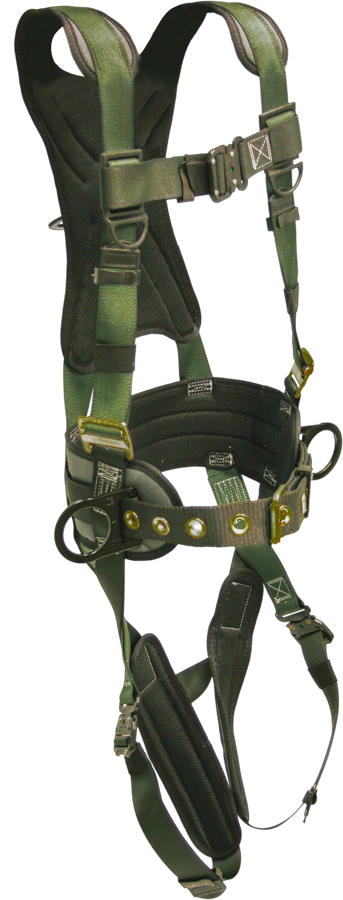 22870B Full Body Harness, single back dorsal d-ring, hip d-rings, waist pad w/removable tool belt, shoulder/back pad, leg pads, bayonet buckle legs by FrenchCreek Production Green