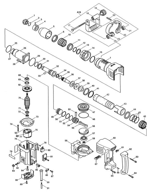 20.6lbs DEMOLITION HAMMER Model HM1242C (MJ) (3/4” HEX - 21/32” ROUND) Assembly Parts By Makita