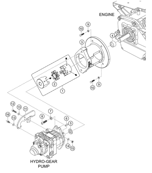 WBH-16 Hydro-Gear Pump And Coupling Assembly Parts by Multiquip Whiteman