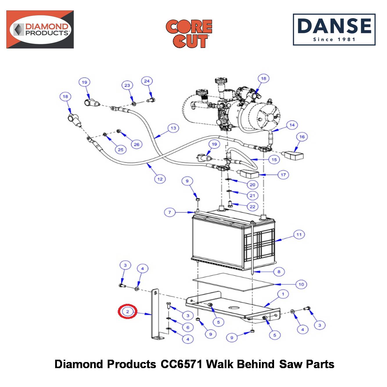Battery Support Brace For CC6500 Saw 6010554 Fits Core Cut CC6571 Walk Behind Saw By Diamond Products