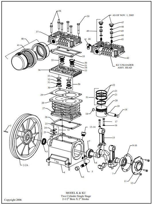 K5HGA-30T Model K & KU Two Cylinder Single Stage 2-1/2" Bore X 2" Stroke Air Compressor Assembly Parts By Jenny