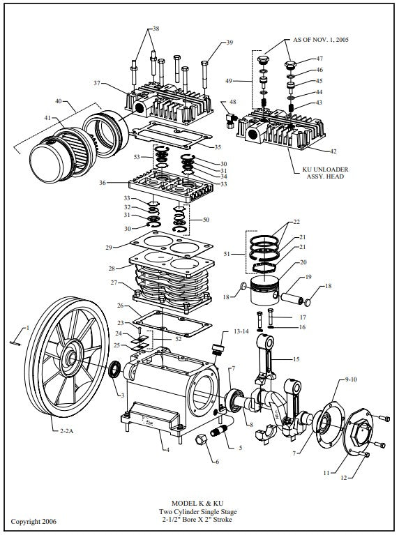 K5HGA-30T Model K & KU Two Cylinder Single Stage 2-1/2" Bore X 2" Stroke Air Compressor Assembly Parts By Jenny
