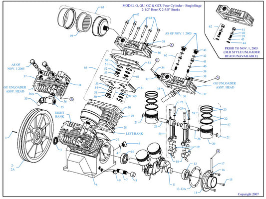 G3A-15P-DCS Model G, GU, GC & GCU Four Cylinder - Single Stage 2-1/2" Bore X 2-3/8" Stroke Assembly Parts By Jenny
