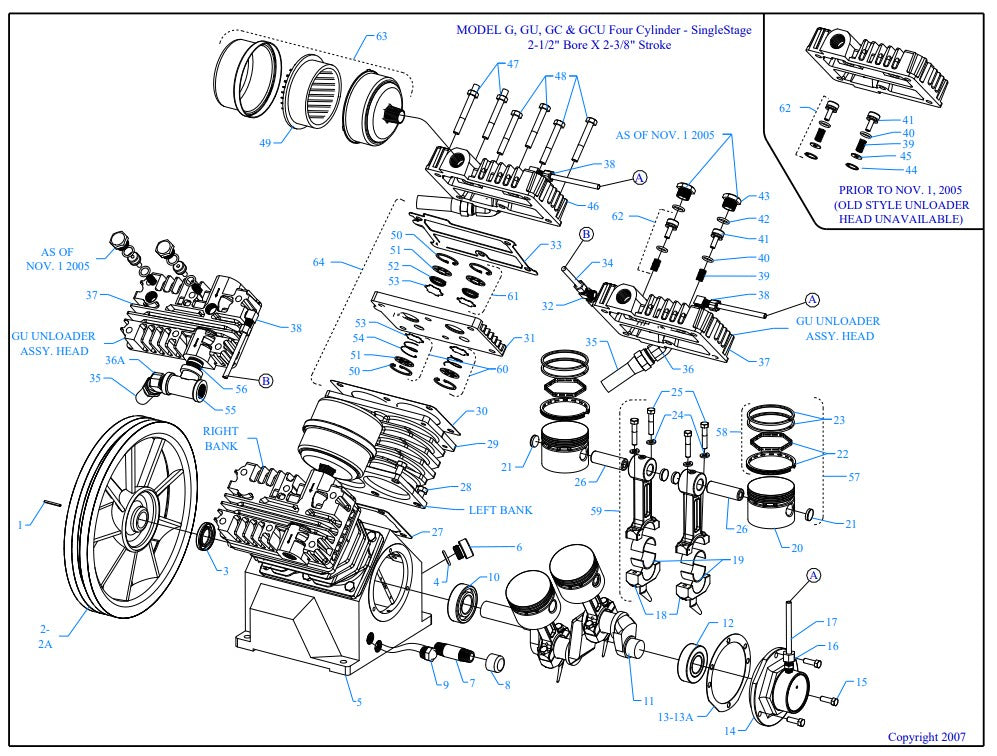 G3A-15P-SSC Model G, GU, GC & GCU Four Cylinder - Single Stage 2-1/2" Bore X 2-3/8" Stroke Assembly Parts By Jenny