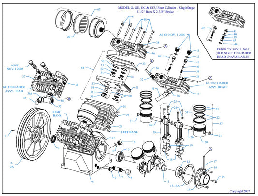 G3A-15P-SSC Model G, GU, GC & GCU Four Cylinder - Single Stage 2-1/2" Bore X 2-3/8" Stroke Assembly Parts By Jenny
