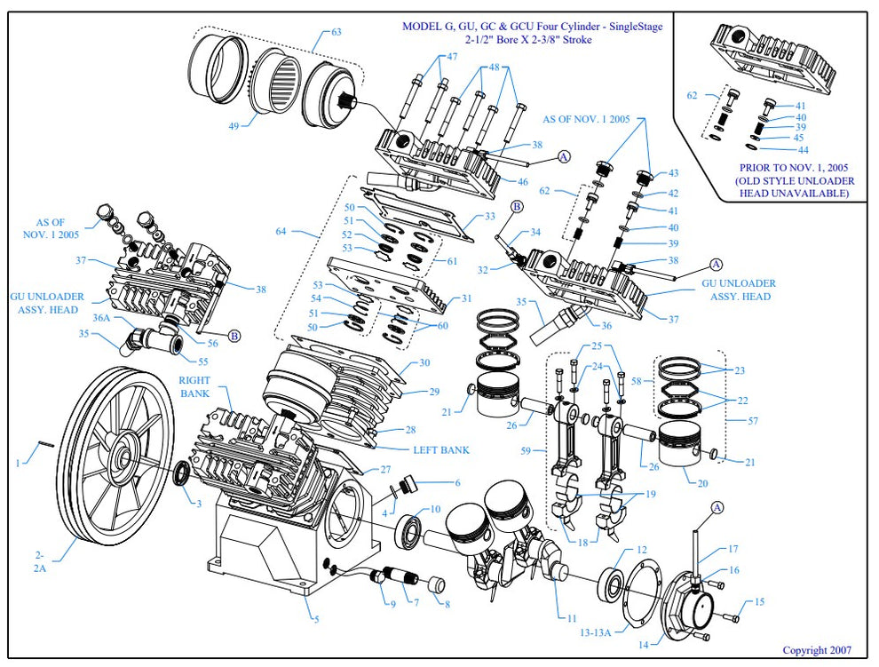 G3A-15P-SSC Model G, GU, GC & GCU Four Cylinder - Single Stage 2-1/2" Bore X 2-3/8" Stroke Assembly Parts By Jenny