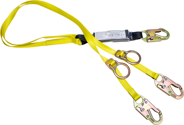 440ADD 6' Dual Leg Shock absorbing webbing lanyard, with sliding D-rings.  Yellow by FrenchCreek Production
